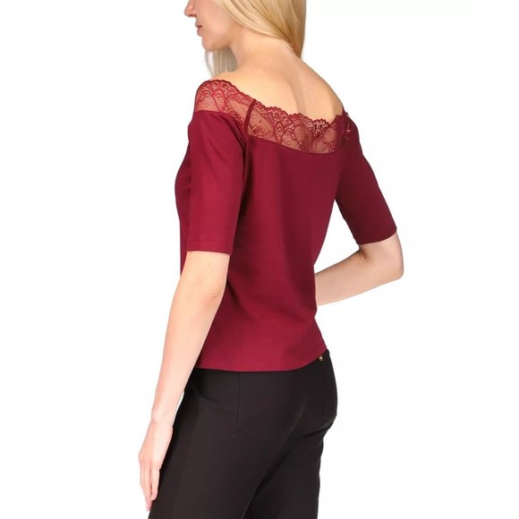 MICHAEL MICHAEL KORS Petite Lace-Trim Off-The-Shoulder Top in Dark Ruby - Large - Picture 6 of 6
